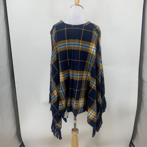 Volcom Poncho Womens XS/S Navy Plaid Cotton Button Front Tassel Fringe Trimmed - Picture 6 of 11